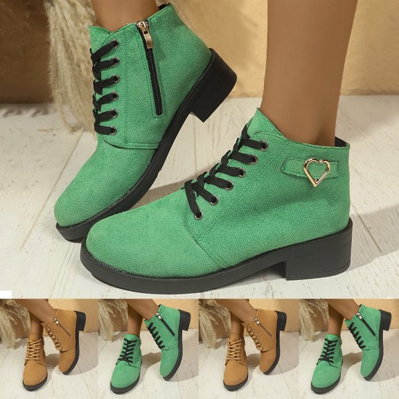 Juebong Women's Fashion Ankle Boots Low Heels Faux Suede Lace-up Combat Bootie with Side Zipper Green,42