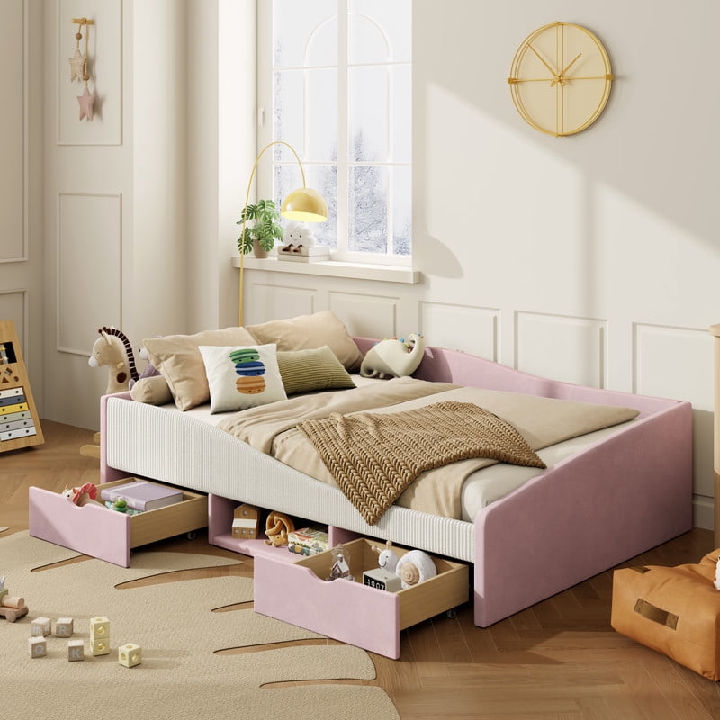 Full Size Upholstered Daybed Frame, Low-Profile Storage Platform Bed with 2 Drawers and Open Compartment, Two-Tone Accent Kids Bed