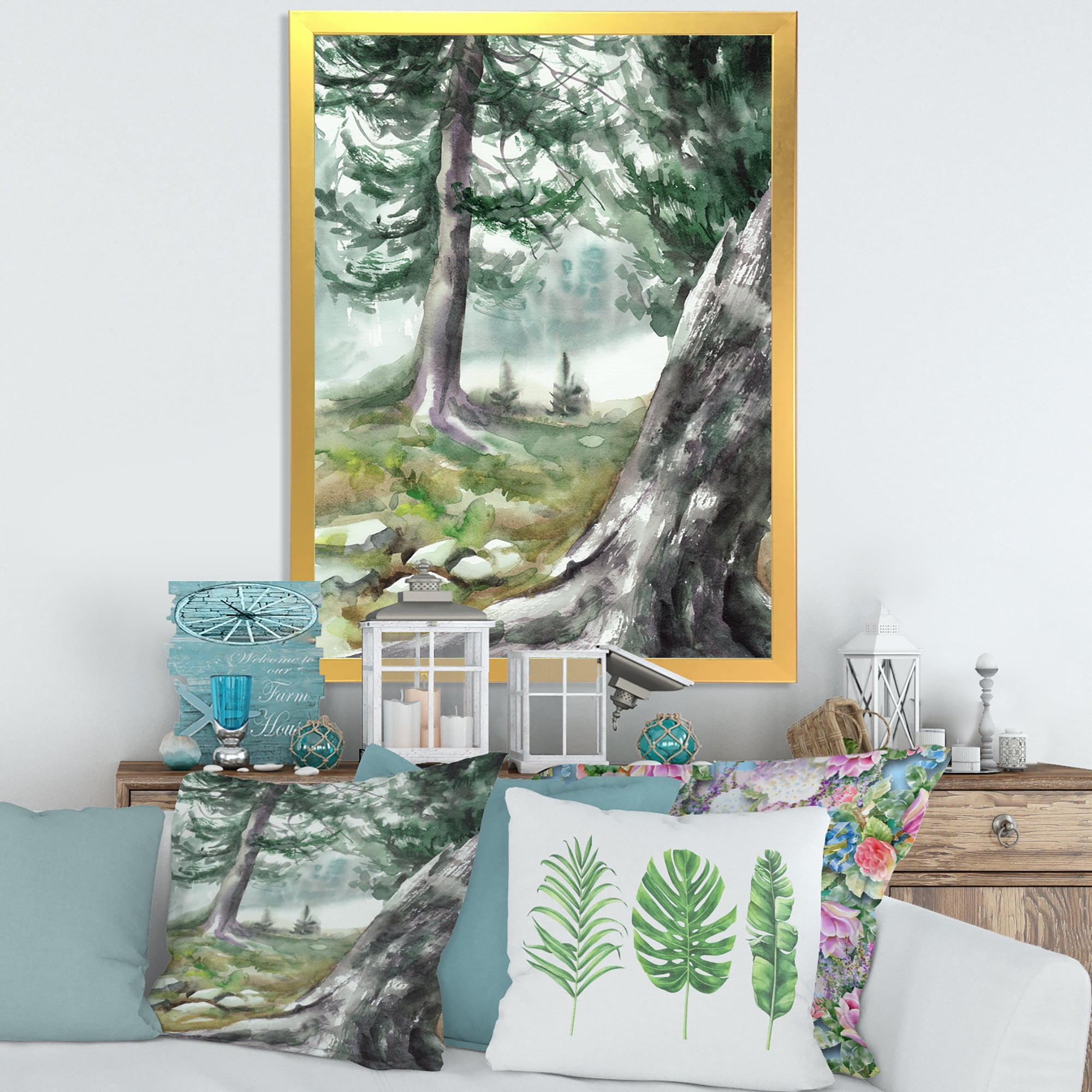 Designart 'Pine Forest In The Early Morning Glow' Lake House Framed Art Print