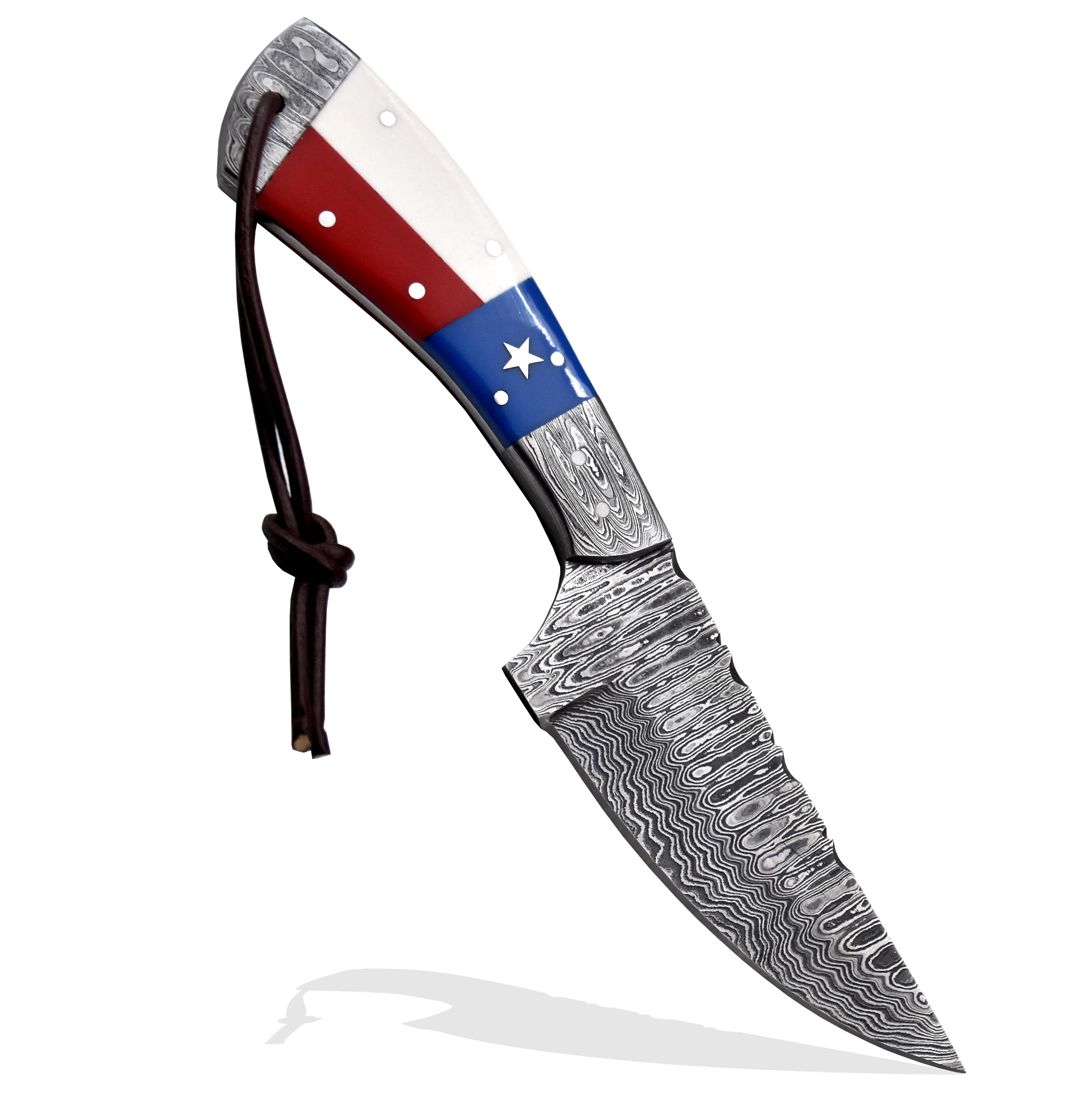 Hercules Knives Damascus Steel Camping Hunting Knife with Leather Sheath Texas Flag Resin Handle