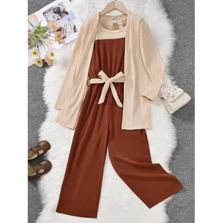 

GEDER-F1 3pcs Girls Cotton Coat & Brown Jumpsuit With Bow Belt Set