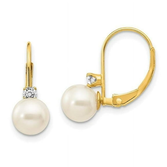 Finest Gold 14K Yellow Gold 6-6.5 mm Pearl & Diamond Leverback Earring Mounting