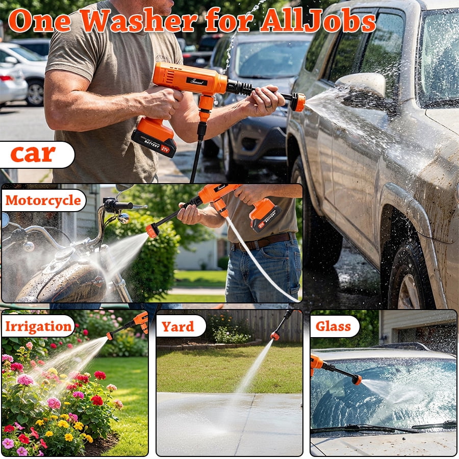 Power Washer,1200 PSI Cordless Pressure Washer with 2×21V Battery&6-in-1 Multi-Function Nozzle,Portable Pressure Washer Suitable for Cleaning Vehicles, patios, Glass, Floors, and Watering Plants