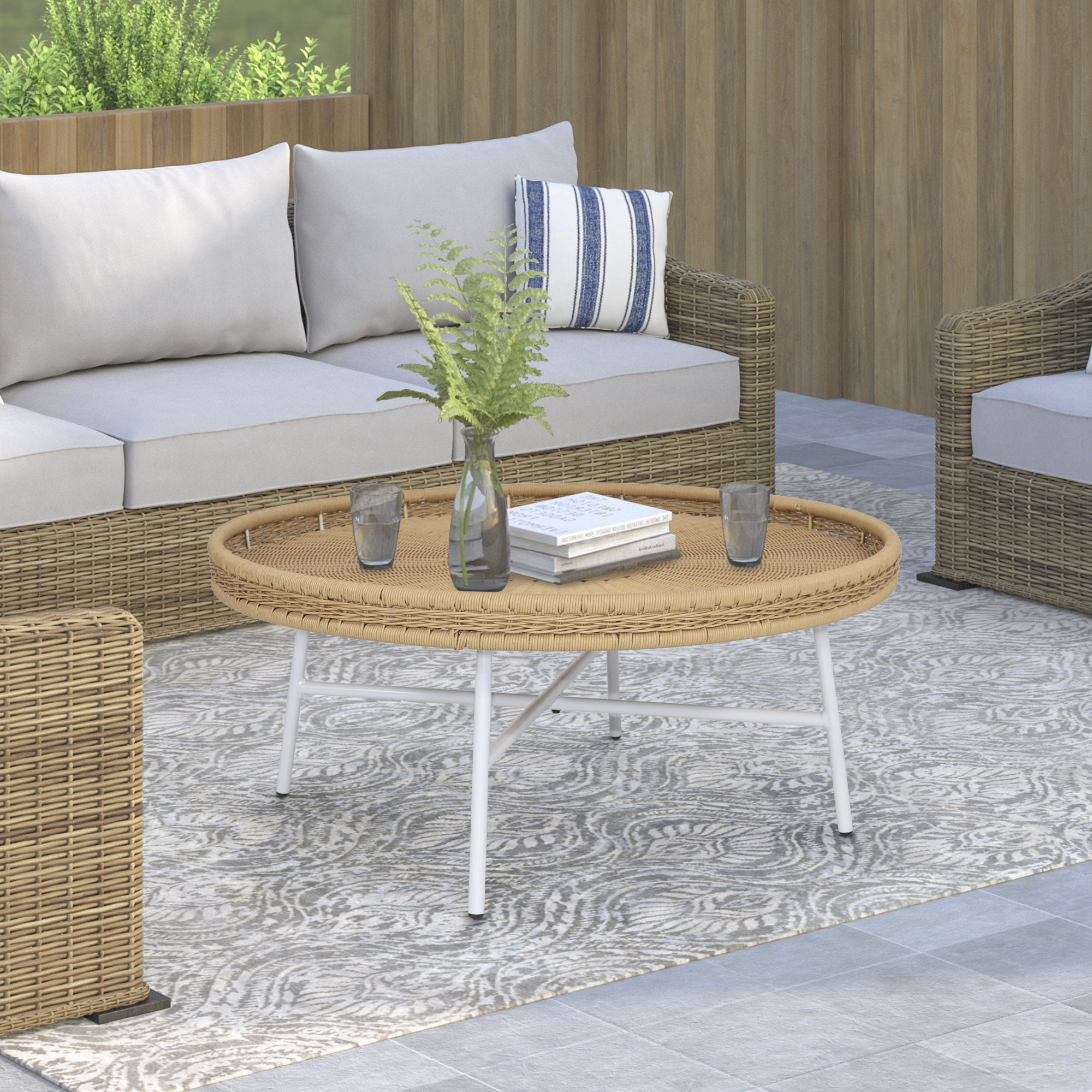 Abble Diameter 29.9 in. x H 17.7 in. Outdoor & Indoor Use Natural Color Wicker Round End Table with Matte White Metal Legs