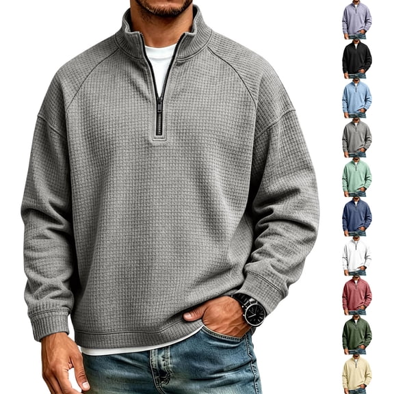 Quarter Zip Sweatshirt for Men Waffle Knitted Pullover Casual Long Sleeve Lapel Polo Sweatshirts Fall Winter Jackets,2XL