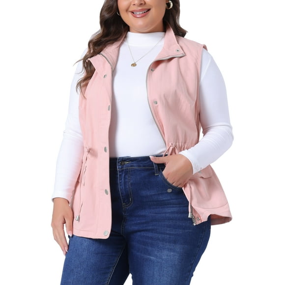 Agnes Orinda Women's Plus Size Sleeveless Drawstring Waist Anorak Cargo Vest Jackets 2X Pink