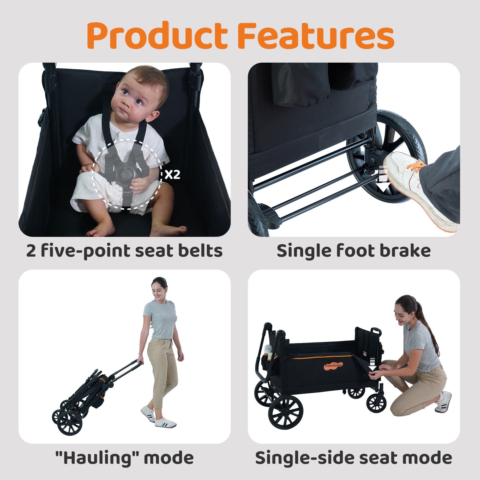 Pamo Babe Wagon Stroller, 2-Seat and All-Terrain Wagon with Canopy, Adjustable Handlebar for Toddlers, 1 Pack
