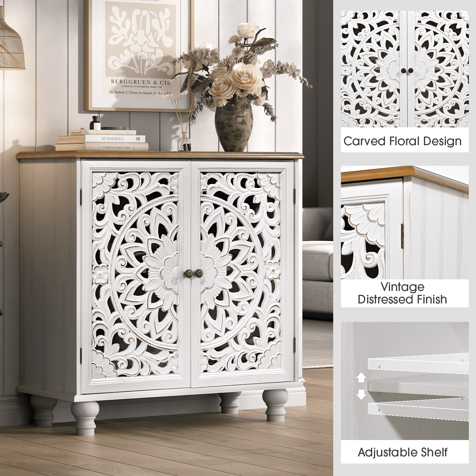 JOINICE Accent Cabinet with Doors,Sideboard Buffet with Adjustable Shelf,Wooden Storage Cabinet for Living Room, Entryway, Dining Room, Bedroom, White