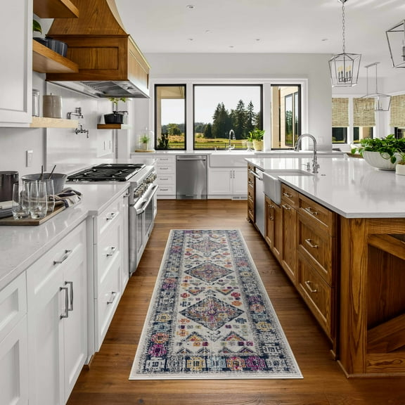 Hauteloom Tigris Collection Patara Multicolor Geometric Pattern Transitional Hallway, Entryway, Kitchen Runner Rug - Traditional Anatolian Pattern - Off White, Gray, Orange, Red, Yellow - 2'7" x 10'