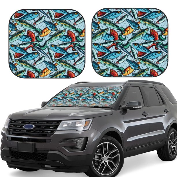 Balery Colorful Fishing Baits Parasol para parabrisas de coche de 2 piezas | Parasol plegable para parabrisas delantero de coche para la mayoría de sedanes-Medium