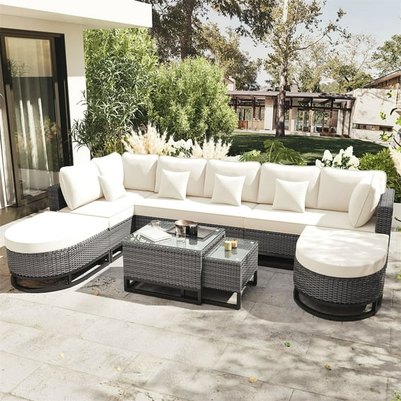 7 Pieces Outdoor Wicker Rattan Patio Furniture Sectional Set with 2 Coffee Table and Pillows for Backyard, Poolside, Indoor, White