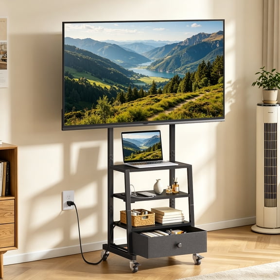 HIGDBFE Rolling TV Stand with Power Outlet for 32-55 inch TVs, Entertainment Center with Mount & Fabric Drawer, Black