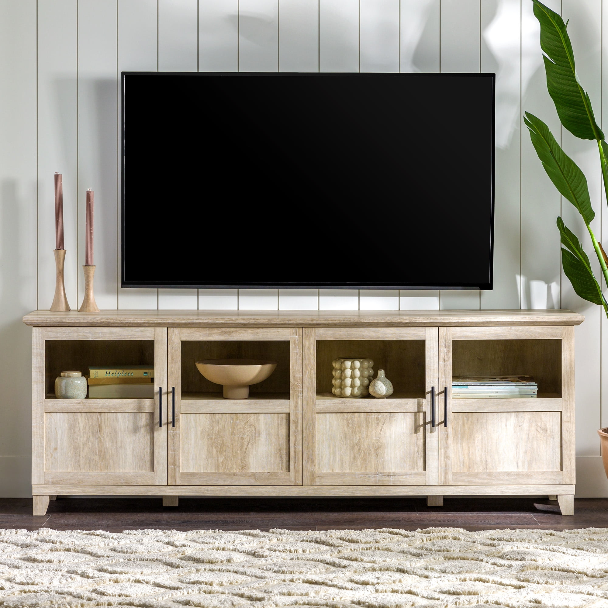 Walker Edison Farmhouse 4 Door TV Stand for TVs Up to 80", White Oak