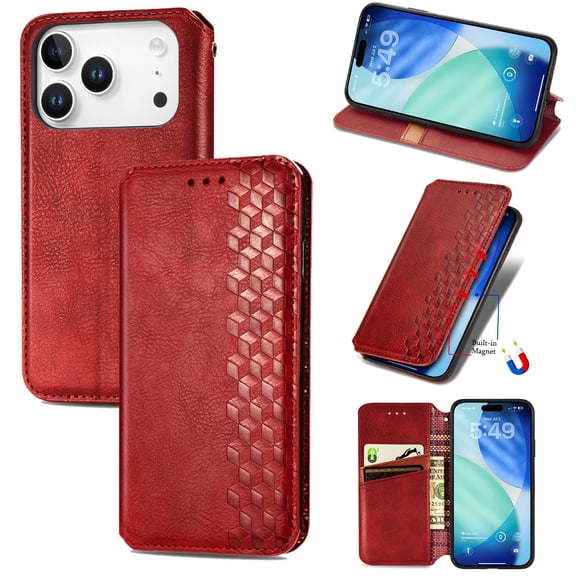 Allytechgroup Wallet Case for iPhone 17, Premium PU Leather Luxury Case with Kickstand & Card Slots, Magnetic Closure Inner Soft TPU Shockproof Protective Case for Women Men, Red