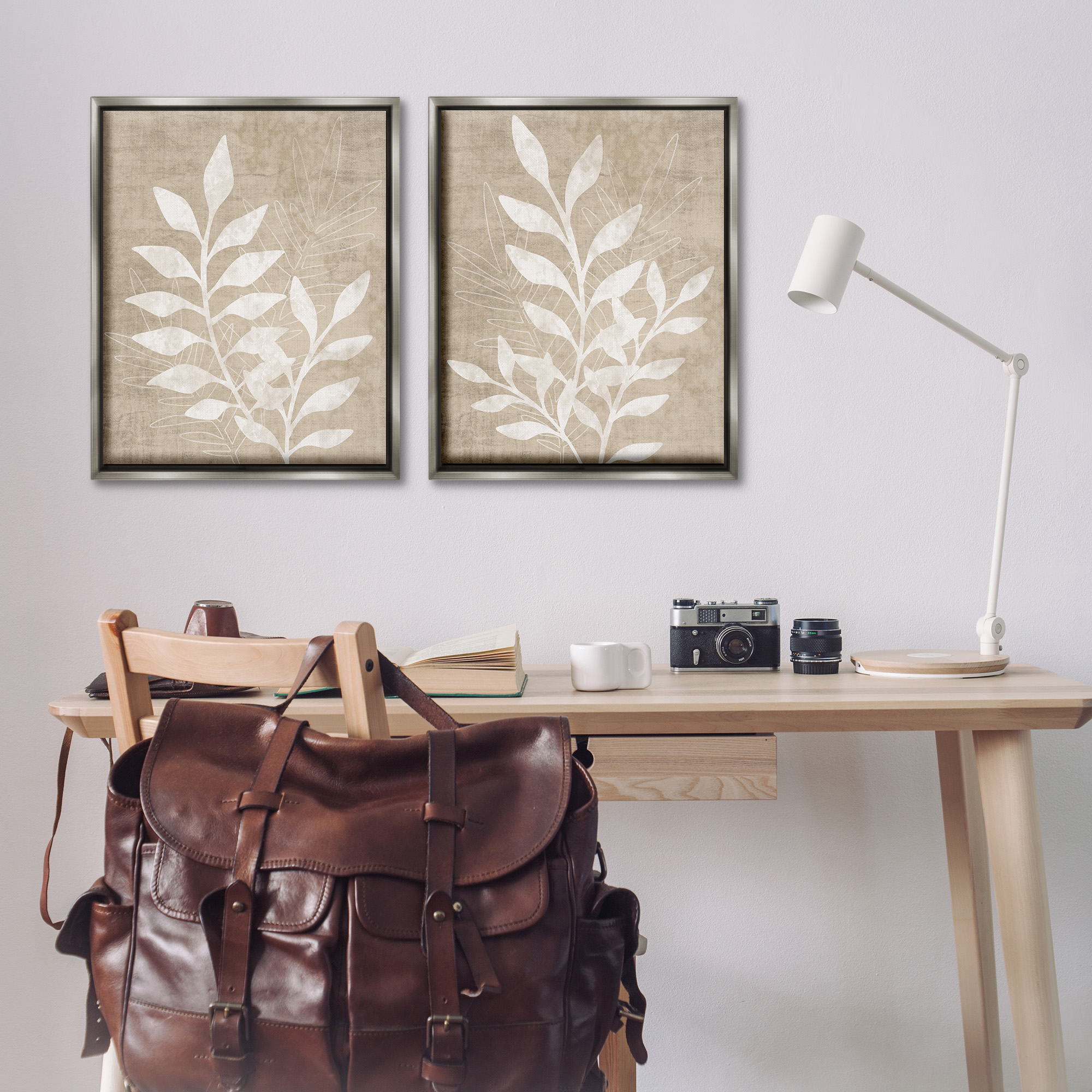 Stupell Industries Boho Botanical Leaf Silhouette Botanical & Floral Painting Gray Floater Framed Canvas Art Print Wall Art, 25 x 31, Set of 2