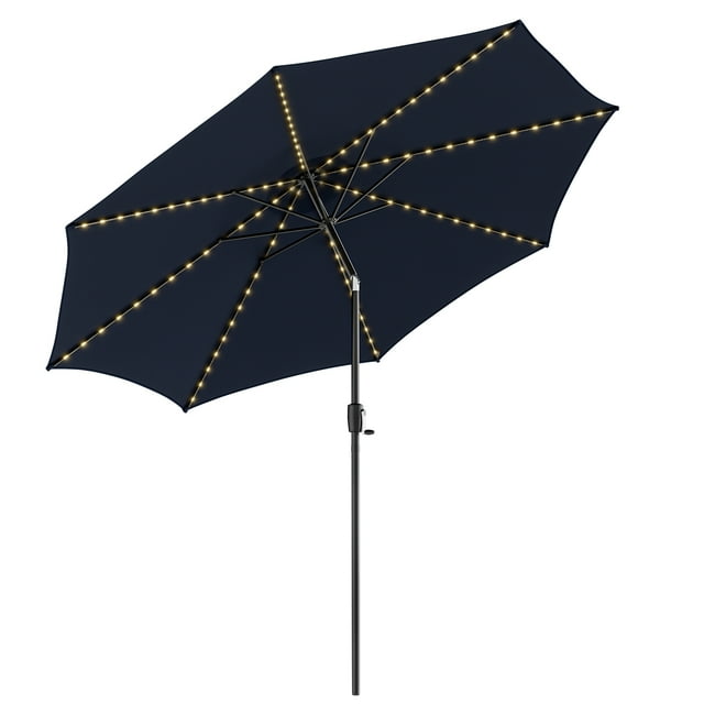 Patiojoy 10FT Solar Umbrella Patio Umbrella with 112 LED Lights Outdoor Table Market Umbrella with Crank Lifting Handle & Push Button Tilt System Navy