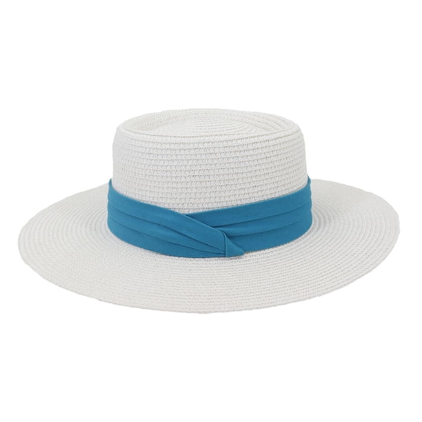 Minnieouse Sombrero de paja de verano de ala ancha, transpirable, para acampar al aire libre, Picnic, pesca, viajes, playa, moda, tapa plana, gorra Sombreros Blanco azul NO9 Minnieouse AP012495-09
