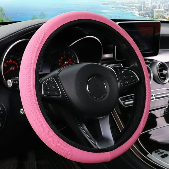 Car Steering Wheel Cover Breathable Pu Leather Anti-Slip Protector 14.5-15 Inch Pink