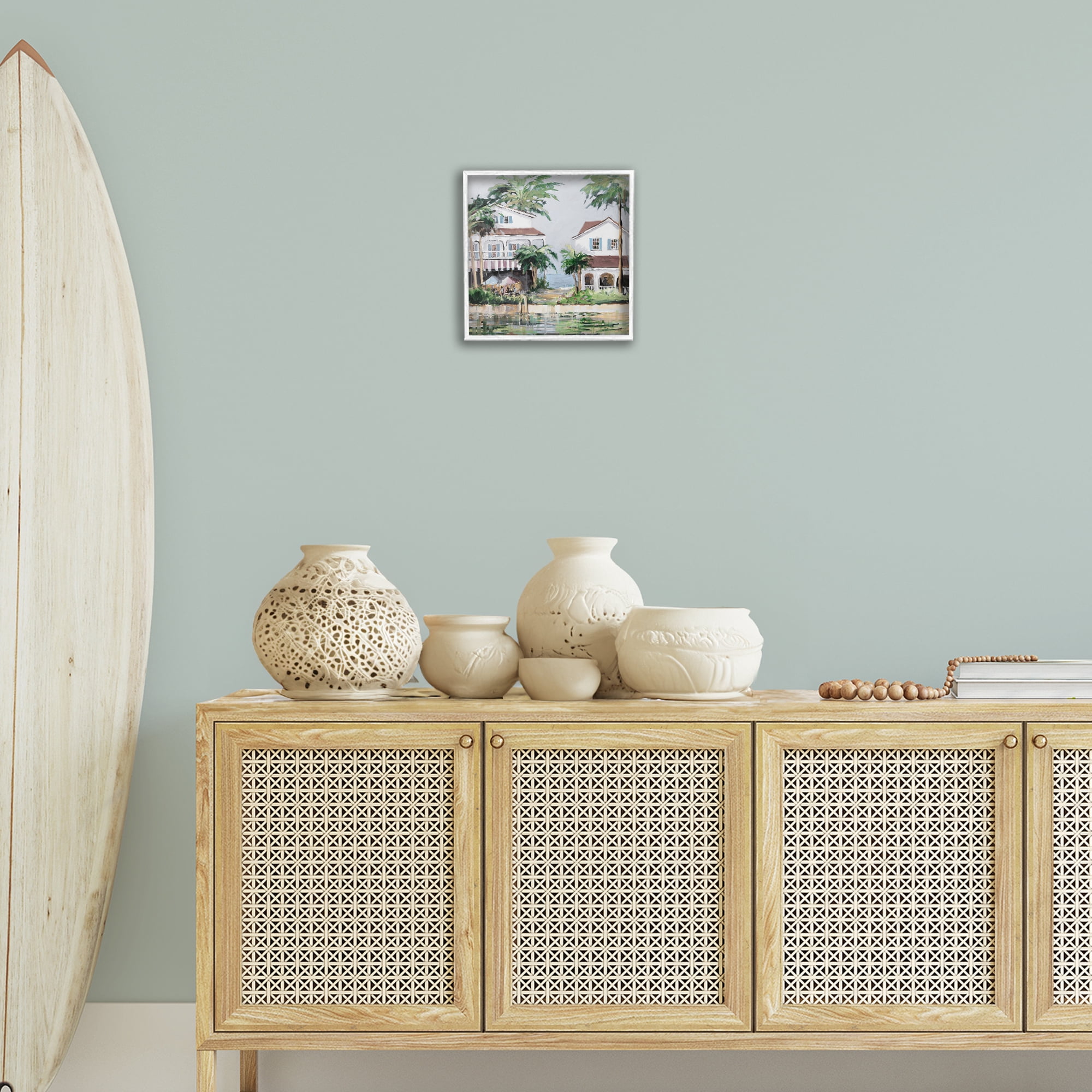 Stupell Industries Coastal Bay Cottages Coastal Painting White Framed Art Print Wall Art, 12 x 12