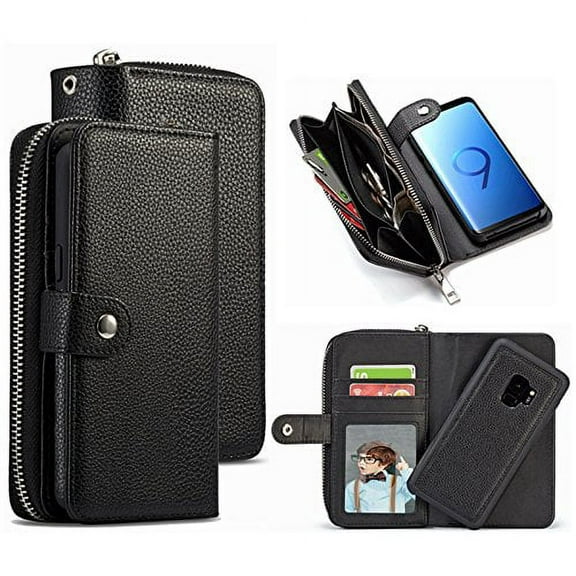 Galaxy S9 Plus Wallet Case, Mignova Lichee Pattern 2-in-1 Split Magnetic Suction Leather Sheath Zipper Wallet Hand Bag Protective Cover for Galaxy S9 Plus -Black