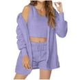 thumbnail image 2 of Wancir Womens Sexy Warm Fuzzy Fleece 3 Piece Outfits Pajamas, Open Front Cardigan Sleeveless Tops Shorts Nightwear Set, 2 of 7