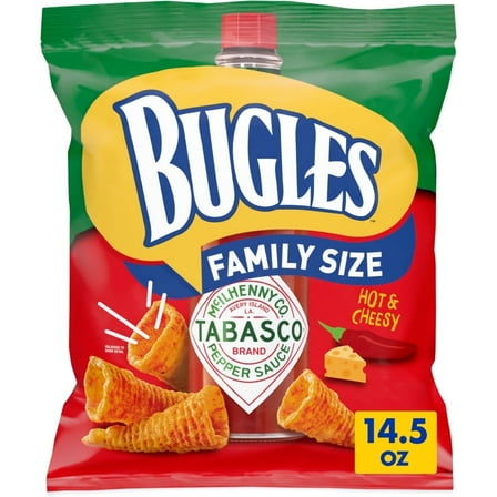 Bugles Tabasco Flavored Crispy Corn Snacks, Hot and Cheesy, Family Size, 14.5 oz