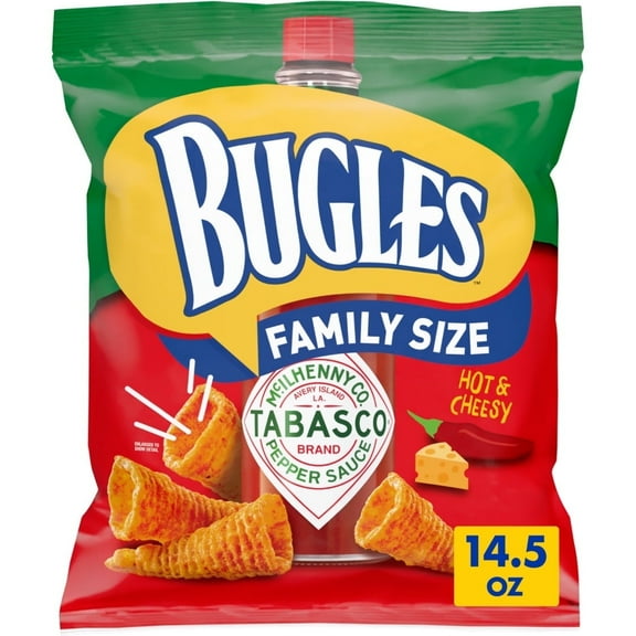 Bugles Tabasco Flavored Crispy Corn Snacks, Hot and Cheesy, Family Size, 14.5 oz