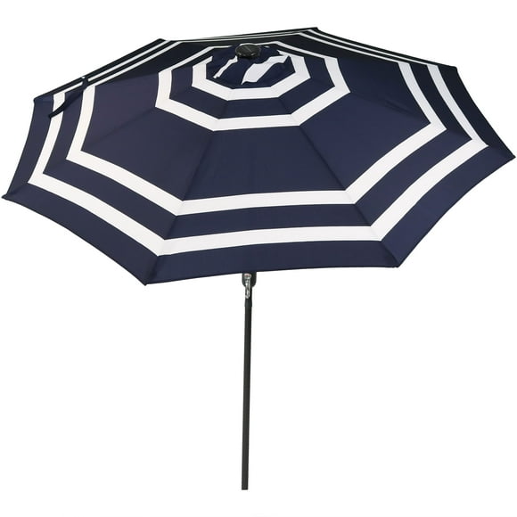 Sunnydaze Parapluie Extérieur pour Piscine avec Éclairage à LED Solaire, Inclinaison et Manivelle - 9' - Rayé Bleu Marine