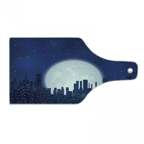 Night Sky Cutting Board, Full Moon on Starry Dark Sky Urban Cityscape with Tall Buildings, Decorative Tempered Glass Cutting and Serving Board, in 3 Sizes, by Ambesonne