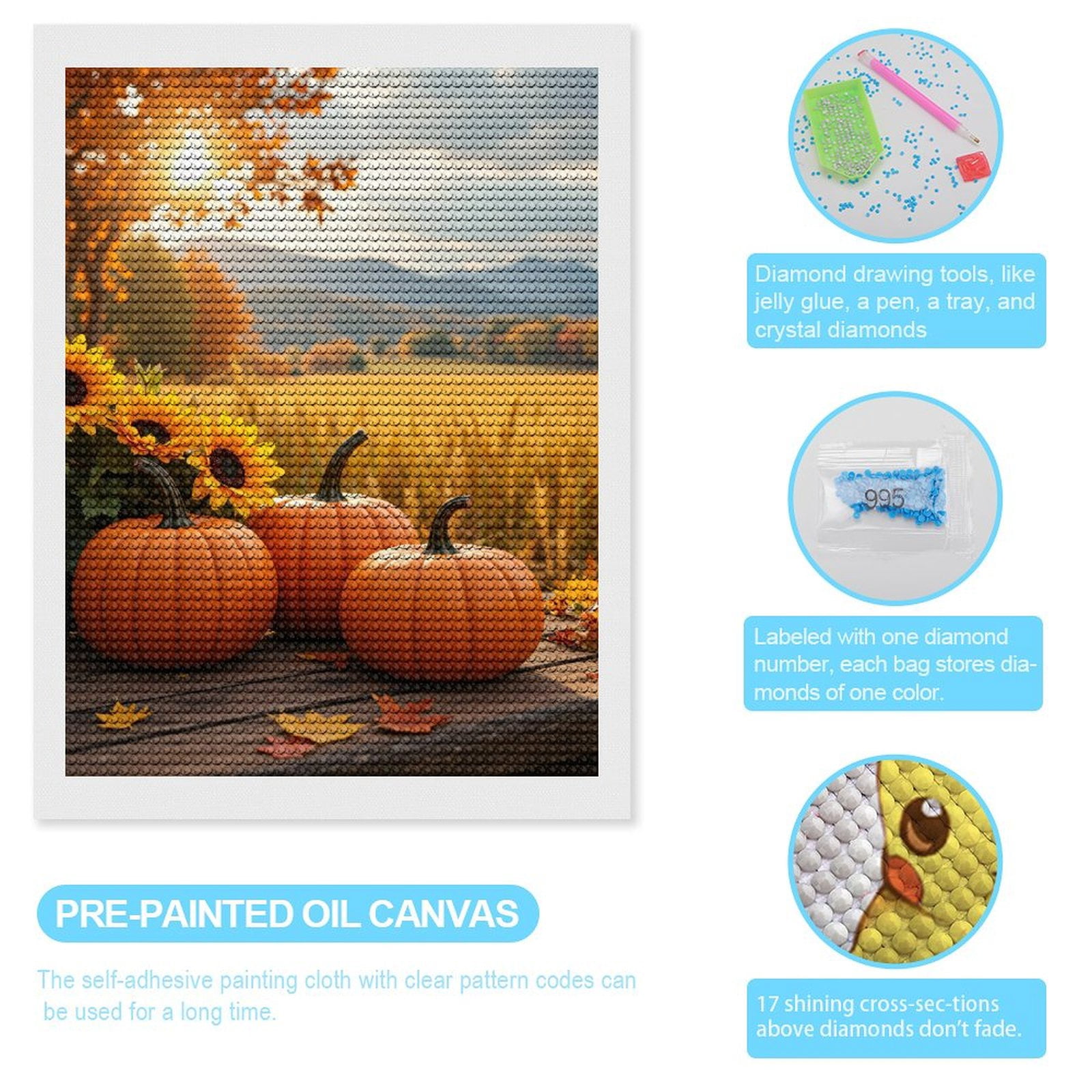 Diamond Art Kits for Adults, Autumn Harvest Pumpkins Sunflowers 5D Diamond Painting Kits for Adults Beginners, DIY Full Drill Diamond Painting, Gem Art and Crafts 12x16