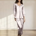thumbnail image 2 of Mrat Work Outfits Set Office Satin Pajama Set Long Sleeve V-Neck Shirt with Long Pajama Pant Set Soft Loungewear Outfits S-44 Rose Gold XXL, 2 of 7