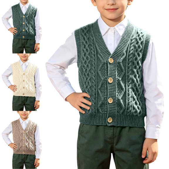 Crunowin Boys And Girls School Uniform Sweater Vest Button Closure Sleeveless Knit Casual Cardigan Khaki Size 12M