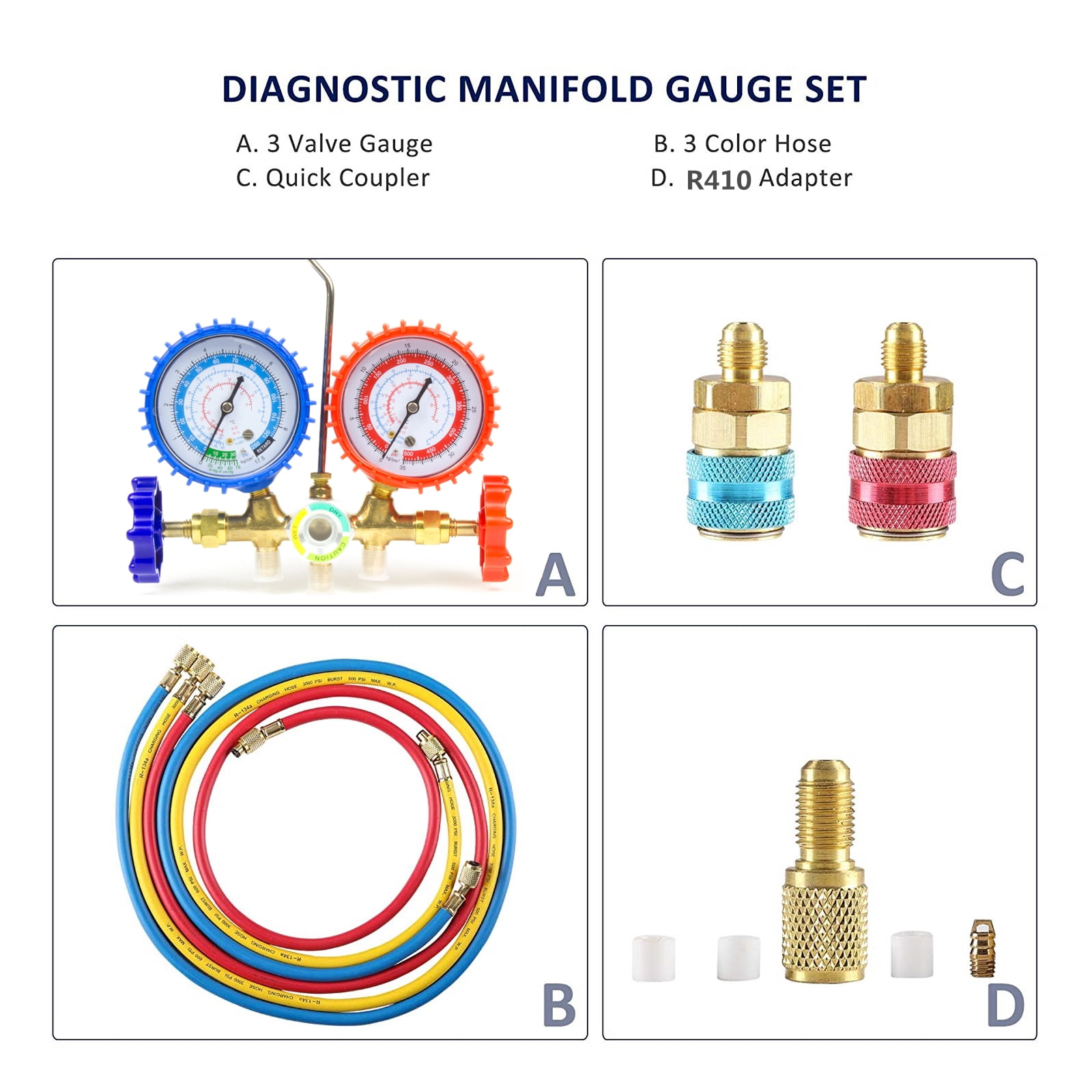 Manifold Gauge Air Conditioning Pressure Gauge Manometer Fit R12 R22 R134a R502 A/C Diagnostic Refrigeration Kit