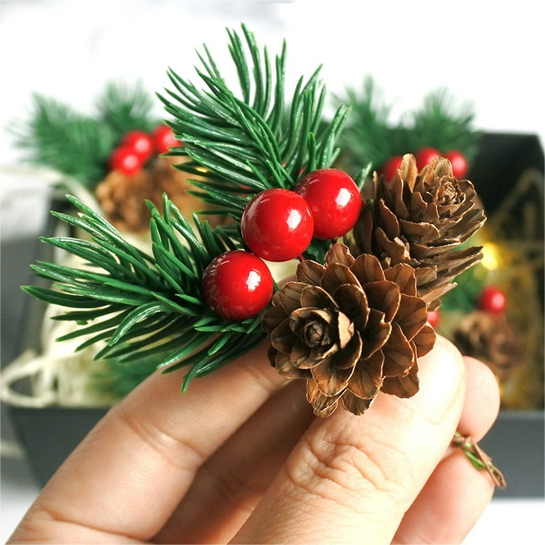 Pine Cone Red Berry Picks Stems Crafts Branch Christmas Wreath - 10Packs, Holly Artificial Evergreen Branches Tiny Pine Cones Picks Décor Floral