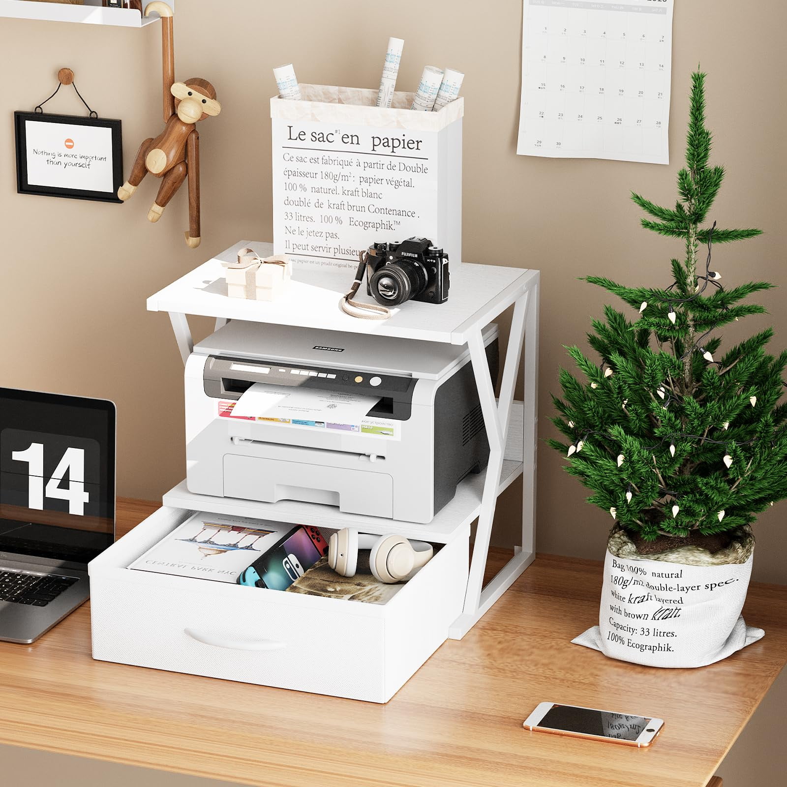 Printer Stand for Desk with Storage Drawer, 2 Tier Desktop Or Under Desk Shelf, Multi-Purpose Desk Organizer for Home Office, fit Fax Machine/3D Printer/Scanner, White
