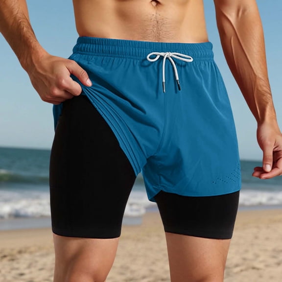Adeawade Mens Summer Quick Drying Double Layer Lined Shorts Thin Fitness Running Training Three Quarter Sweatpants Basic Wear 2Xl Blue