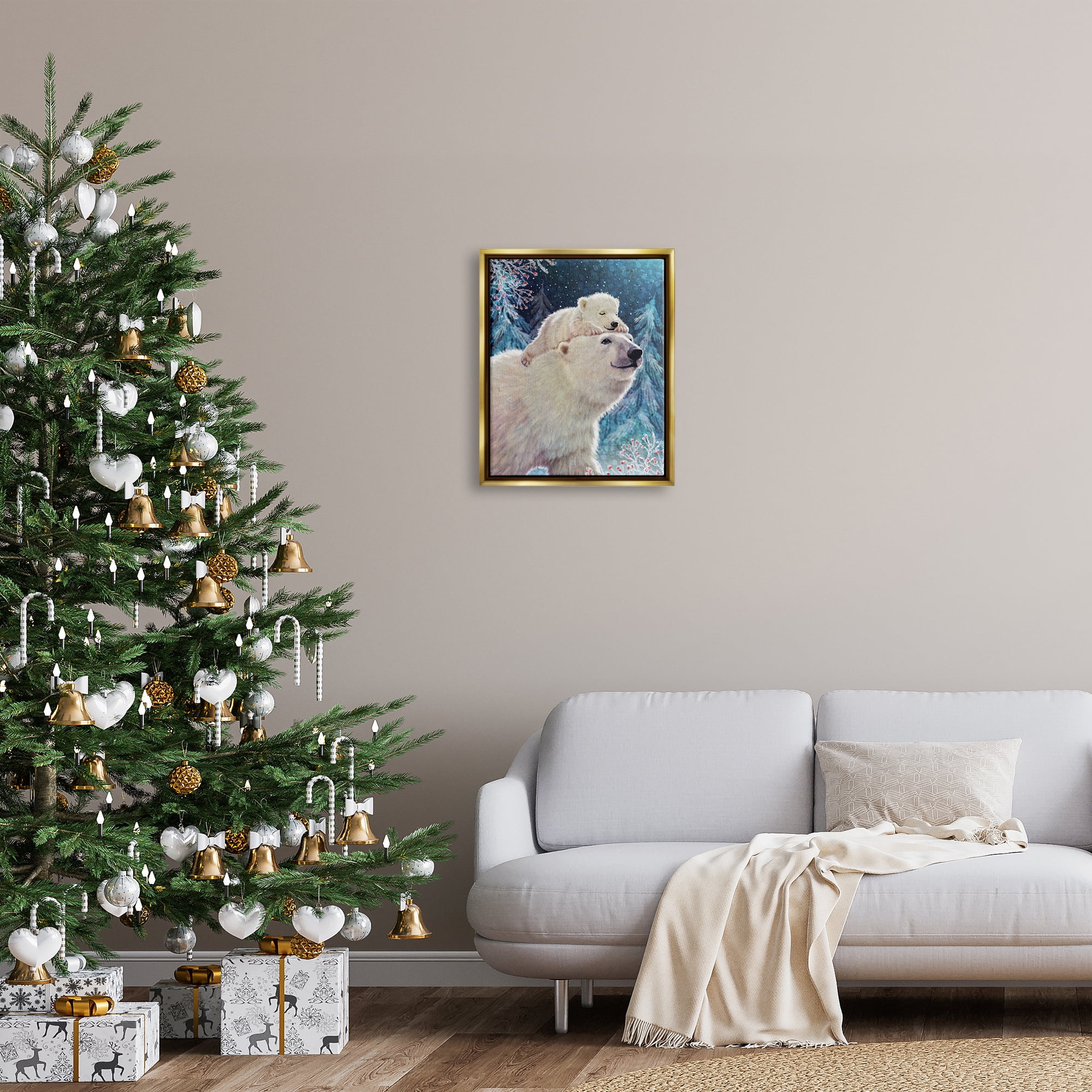 Stupell Industries Polar Bear & Cub Winter Scene Holiday Painting Gold Floater Framed Art Print Wall Art