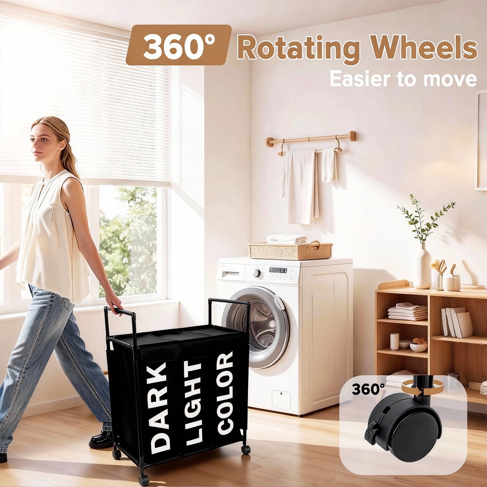 3 Section Laundry Basket with Wheels and Lids, 150L Rolling Laundry Hamper with Handle, Sorter for Clothes Toys Sundries (Black)