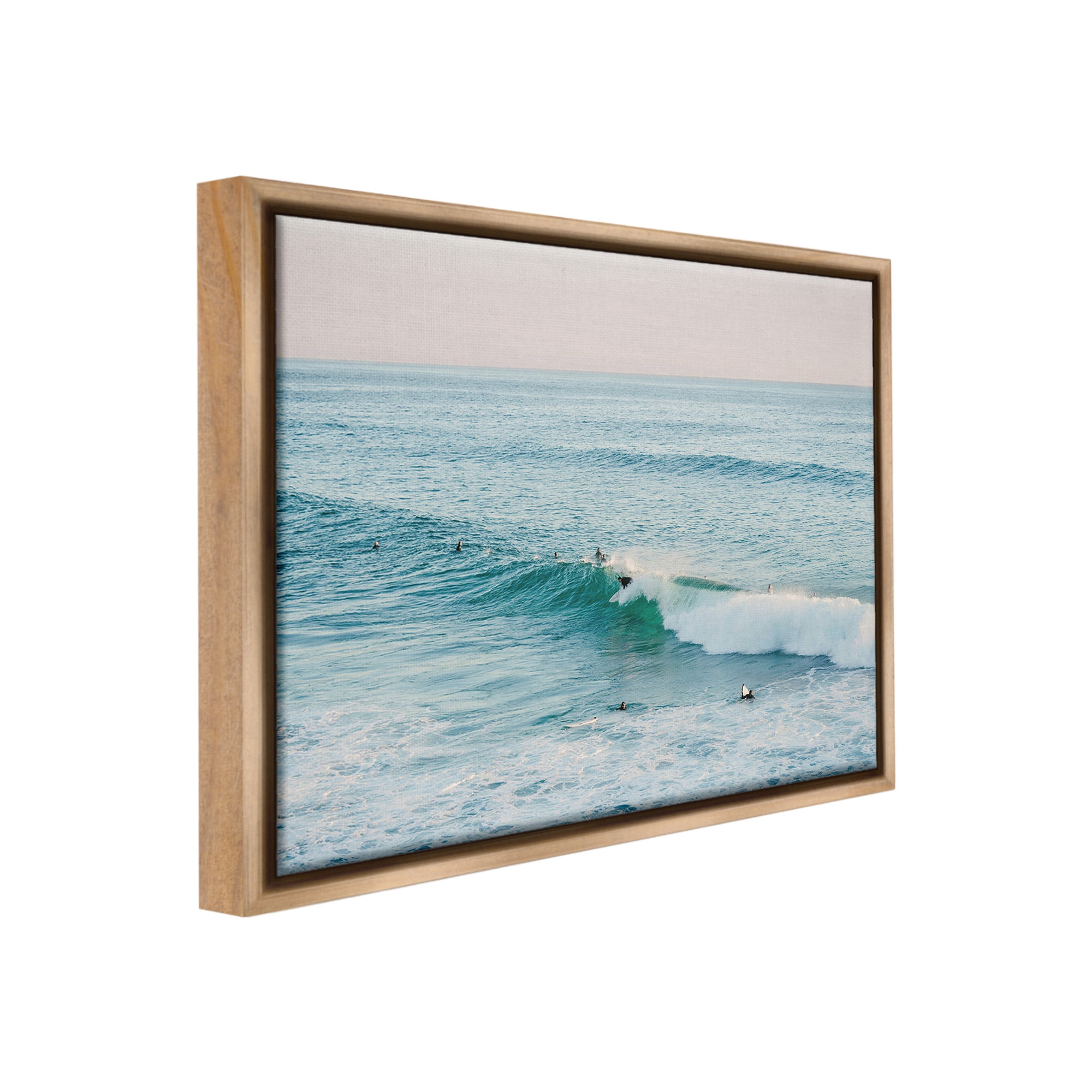 Stupell Industries Surfers Riding Waves Landscape Photography Brown Floater Framed Canvas Art Print Wall Art, 21 x 17