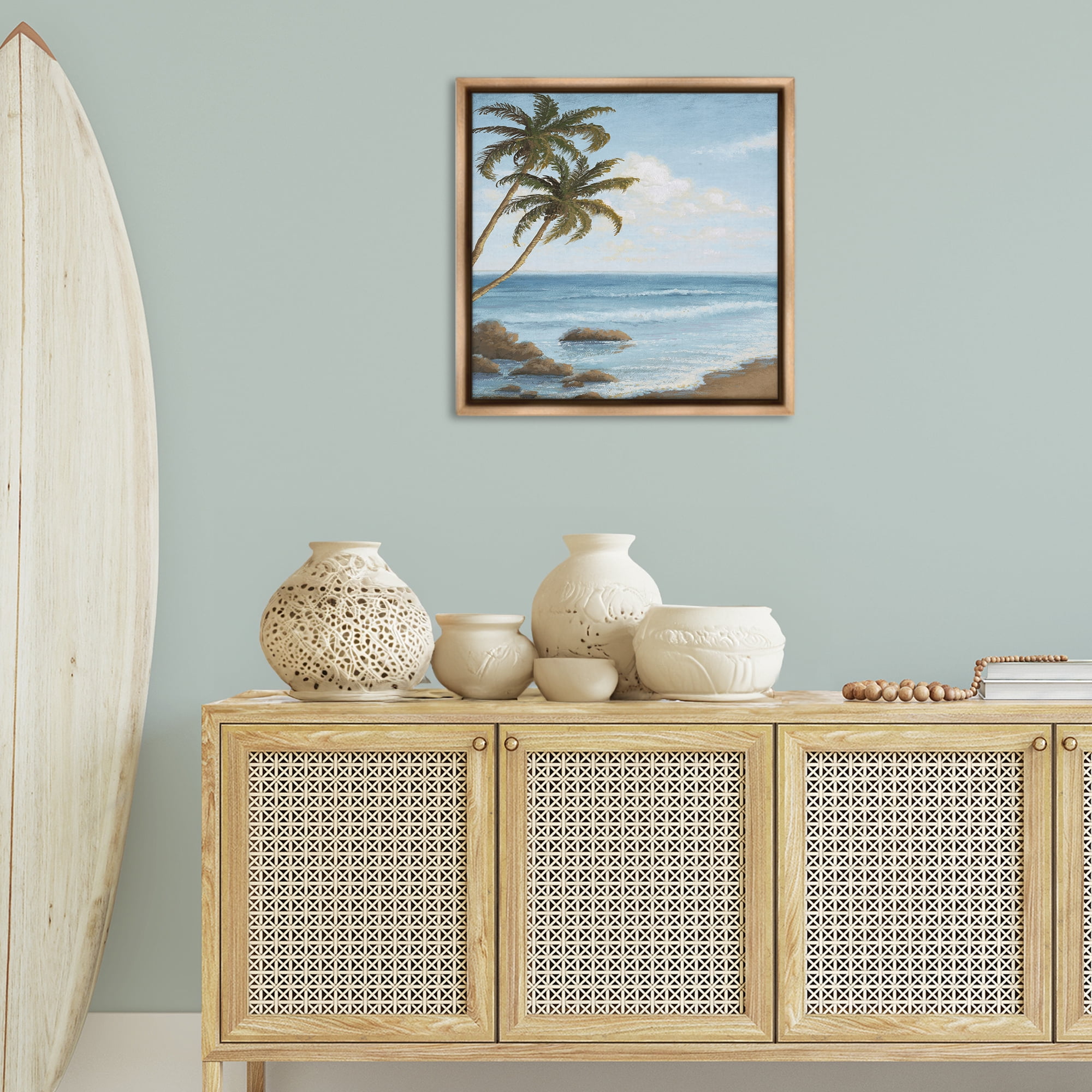 Stupell Industries Palm Trees Looming Beach Coastal Painting Brown Floater Framed Canvas Art Print Wall Art, 25 x 25