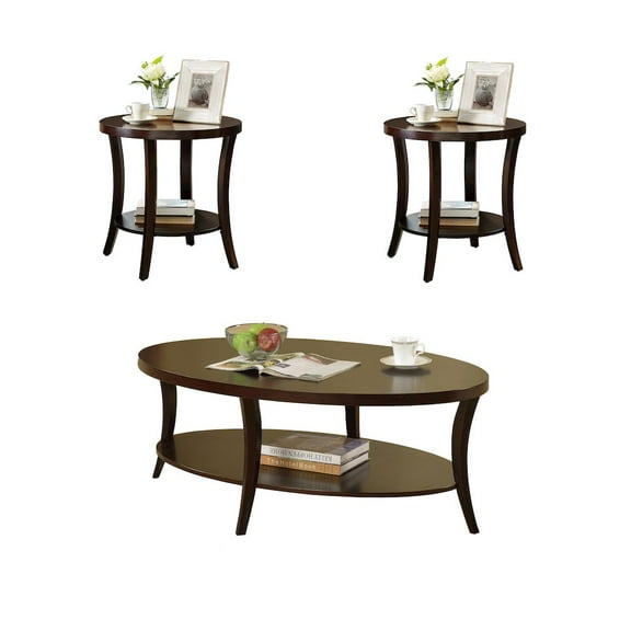 Roundhill Furniture Perth 3Pc Oval Coffee Table and End Table Set in Espresso