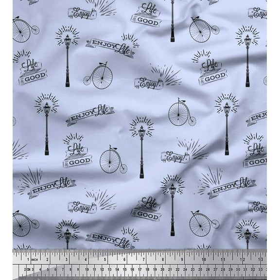 Soimoi Blue Poly Georgette Fabric street lamp & Vintage Cycle Text Fabric Prints By Yard 52 Inch Wide