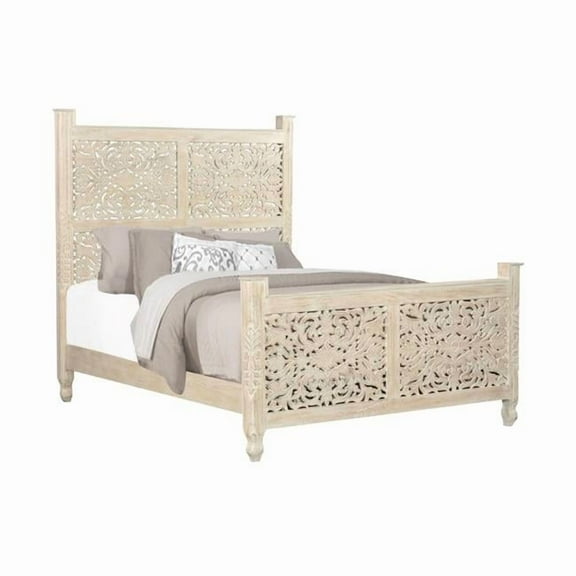 HomeRoots 521077 Distressed White Floral Carved Wood Bed - Queen Size