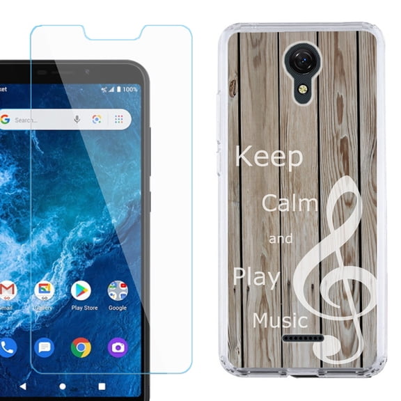 Slim-Fit Protective Phone Case compatible with Cricket Icon 2, with Tempered Glass Screen Protector, by OneToughShield ® - Wood/Music