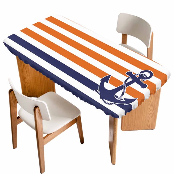 Fitted Tablecloth for 3 ft Rectangle Tables Orange Stripes Table Cover with Elastic Edge Navy Blue Nautical Anchor Waterproof Table Clothes for Patio Garden Dinner Party Picnic Indoor Outdoor Decor