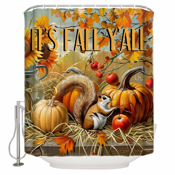 Small Stall Shower Curtain 36x78 Inch Narrow Half Size Fall Pumpkins Bath Curtains Bathroom Decor Thanksgiving Maple Leaf Watercolor Waterproof Fabric Shower Curtain Set with Hooks 36 Inch
