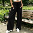 thumbnail image 4 of Karymi Pants for Women Solid Wide Leg Casual Pants, Smocked Ruffle Elastic Drawstring High Waist, Seam Loose Lounge Trousers with Side Pockets, 4 of 7