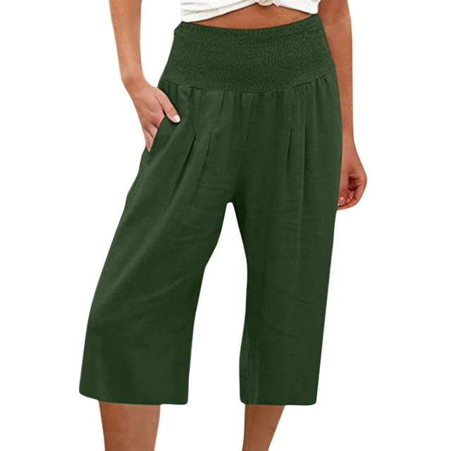 Avamo Pantalon Capri à Jambe Grand et Taille Haute pour Femme, Vert, Taille g