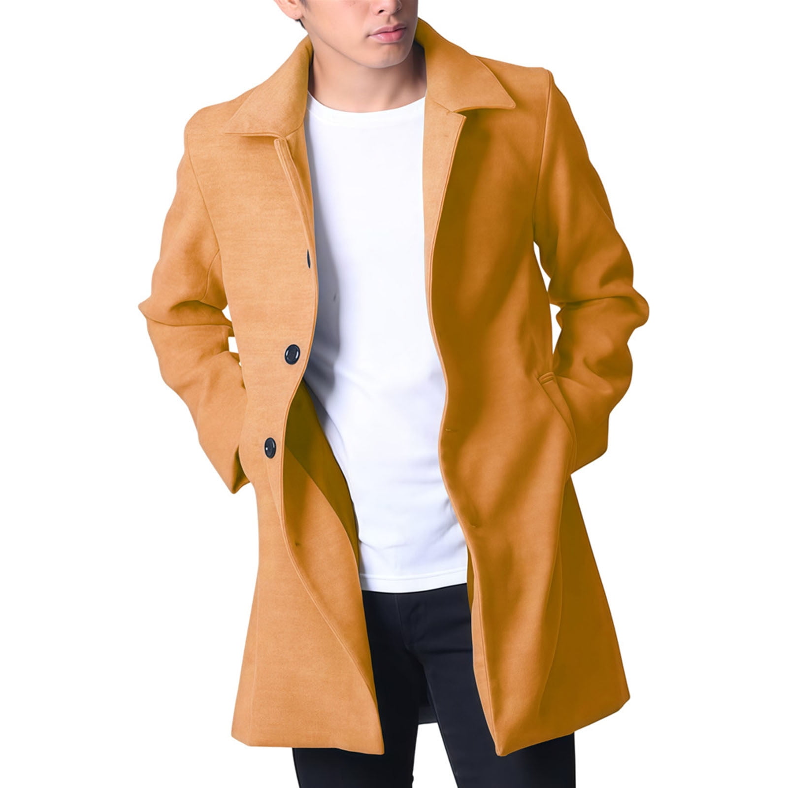 Lovzfmll Men's Wool Blend Trench Coat Notched Lapel Side Pockets