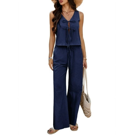 Womens 2 Piece Outfits V Neck Tie Waist Vest and Wide Leg Casual Pants Sets Navy Blue S